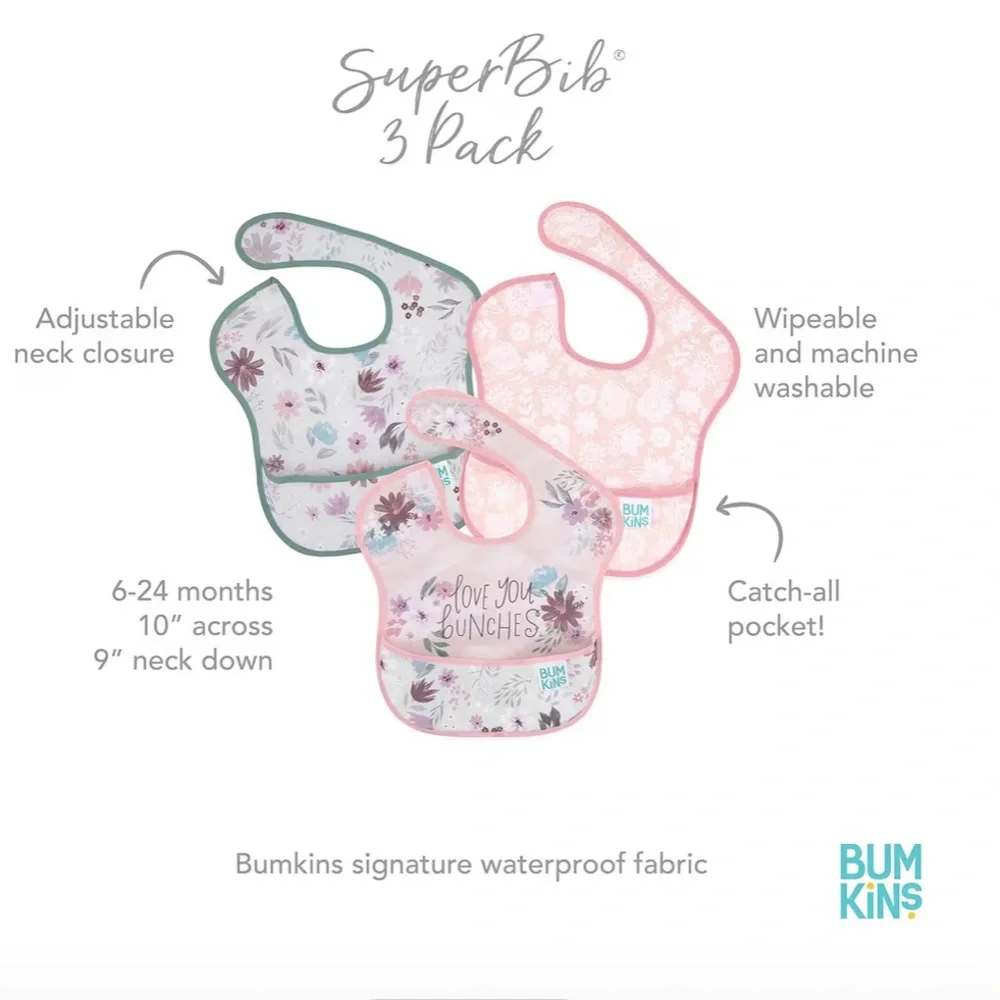 Bumkins Floral SuperBib 3-Pack Pink Green Love You Bunches